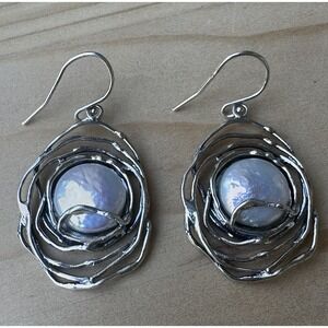 VTG Israel Hook Dangle Earrings 1.75" Blister Cultured Pearls 925 Sterling 10.4g